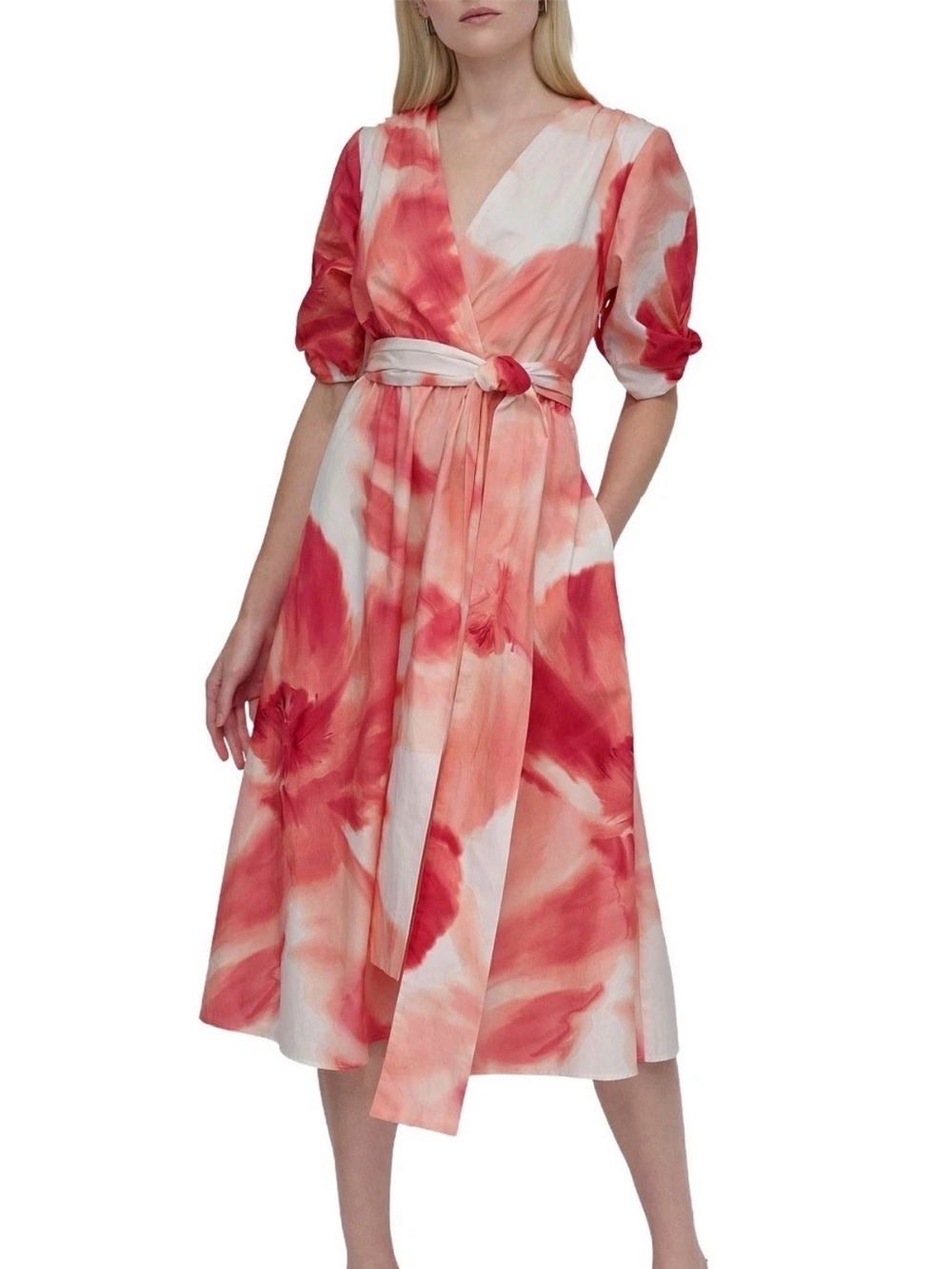 DKNY Coral and Pink Watercolor Wrap Midi Dress NWT Size 8P